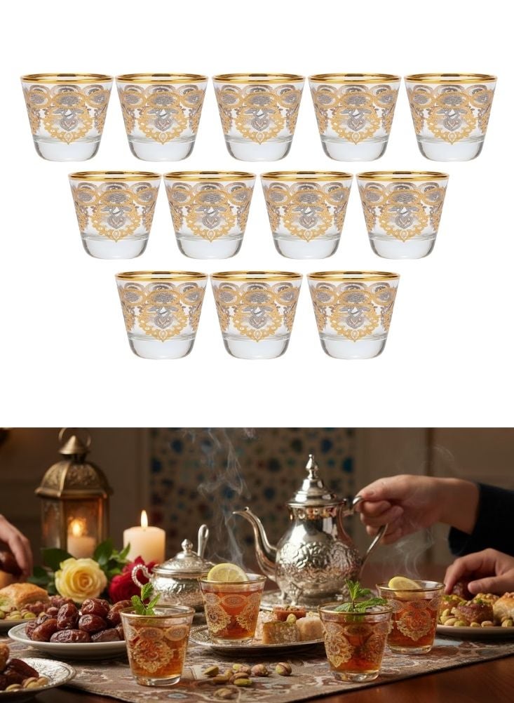 Premium Luxury Gold Embossed Glass Tea Cups Set – 12 Pcs Premium Clear Tea Glasses for Ramadan & Daily Use - Image 1